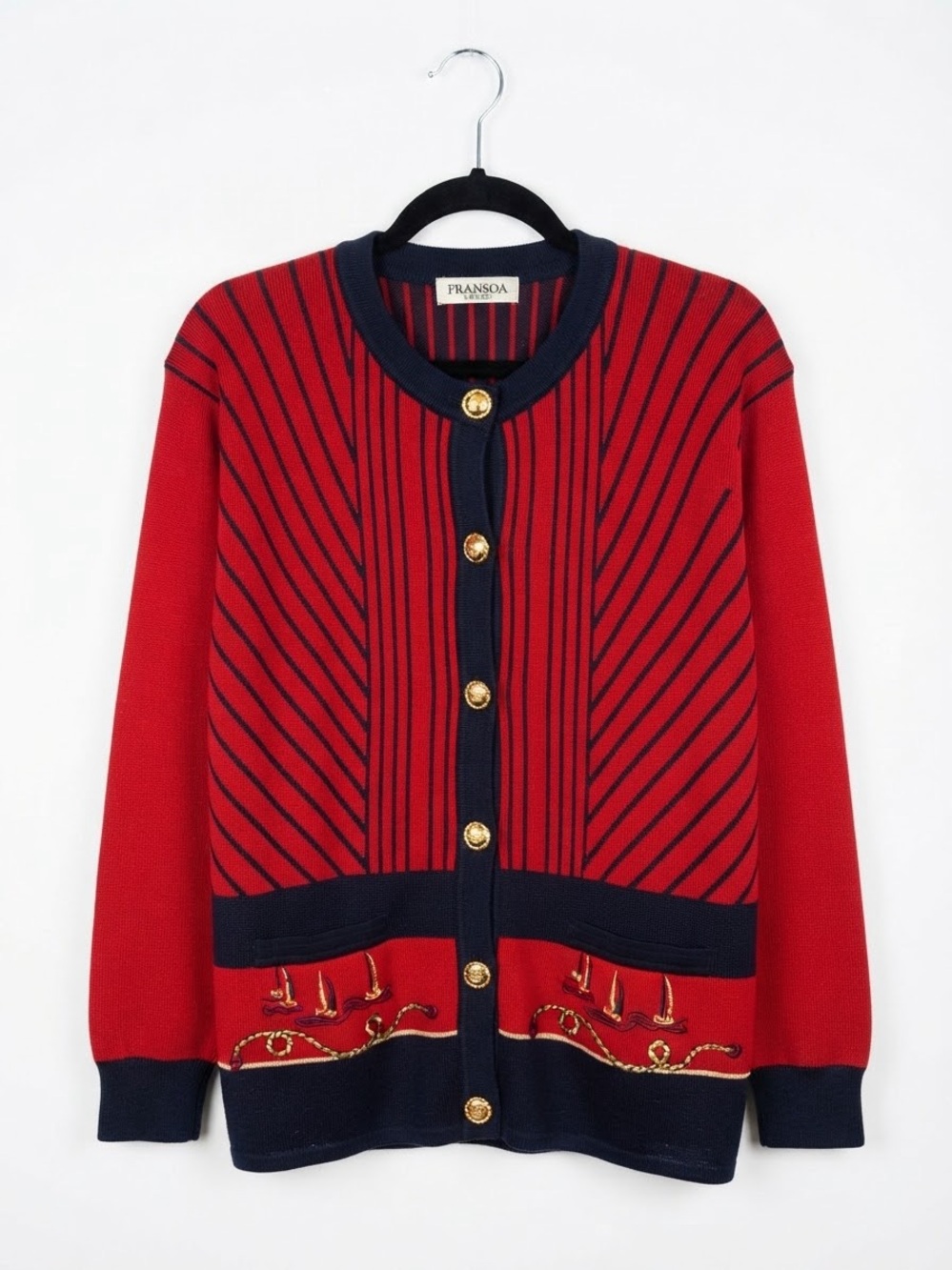 Red & Navy Striped Knit Cardigan Sweater